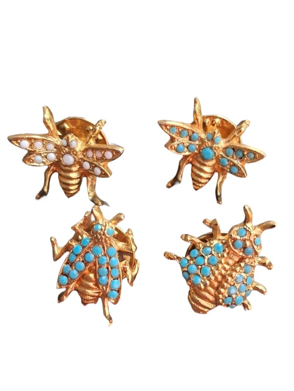 Vintage Gold Tone Insect Lapel Pins Set Faux Turquoise Pearl Bee Beetle Scatter